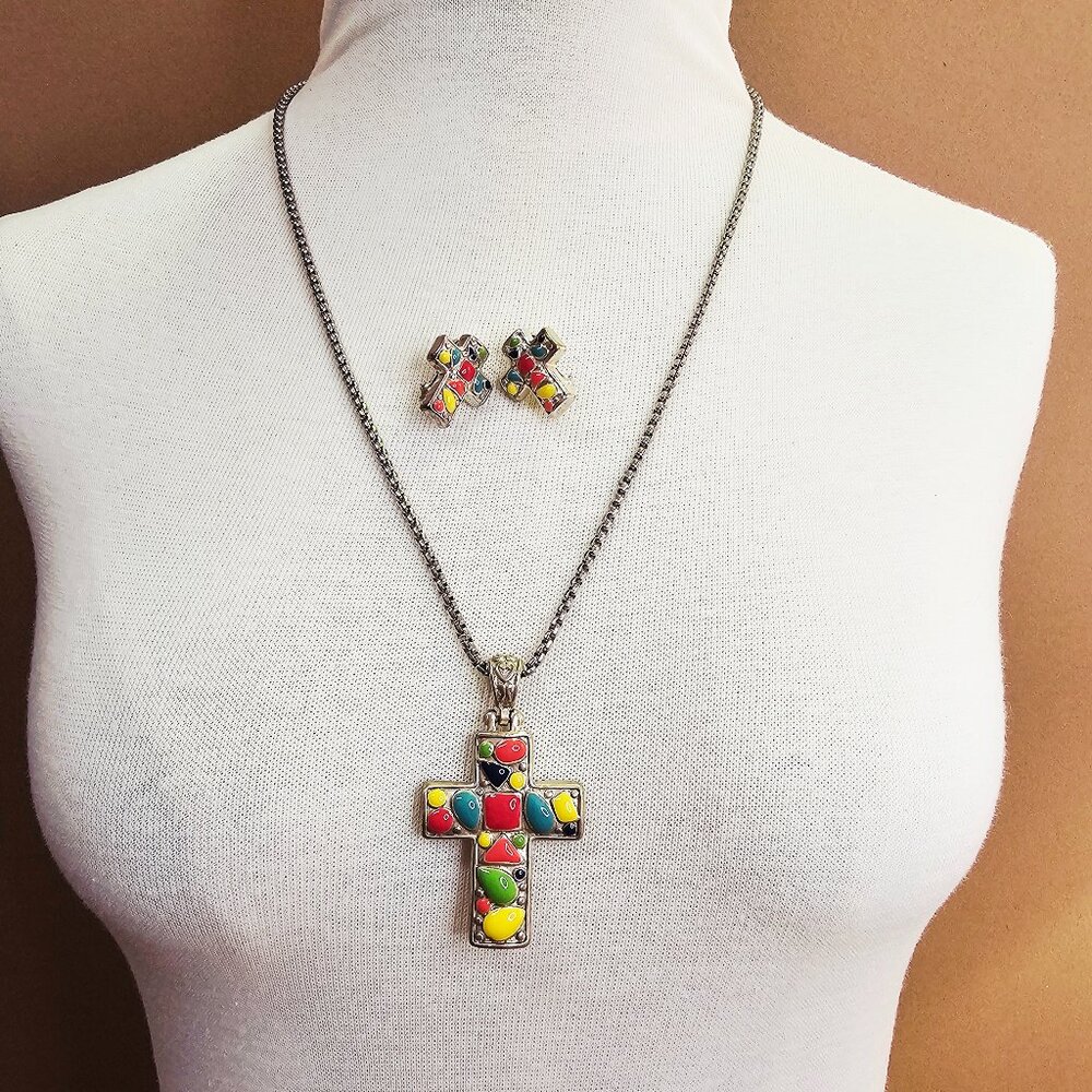 Vintage Enamel or Resin Stone Cross Pendant Necklace/Earring Set, Multicolored